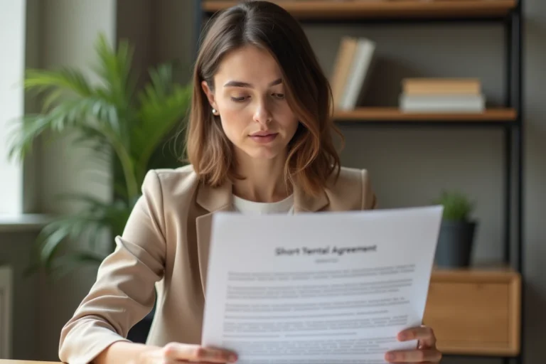 Femme en blazer beige examinant un bail de location de 3 mois renouvelable à son bureau à domicile