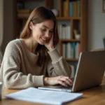 Femme consultant un forum d'entraide sur son ordinateur portable pour comprendre son avis favorable de commission d'attribution logement
