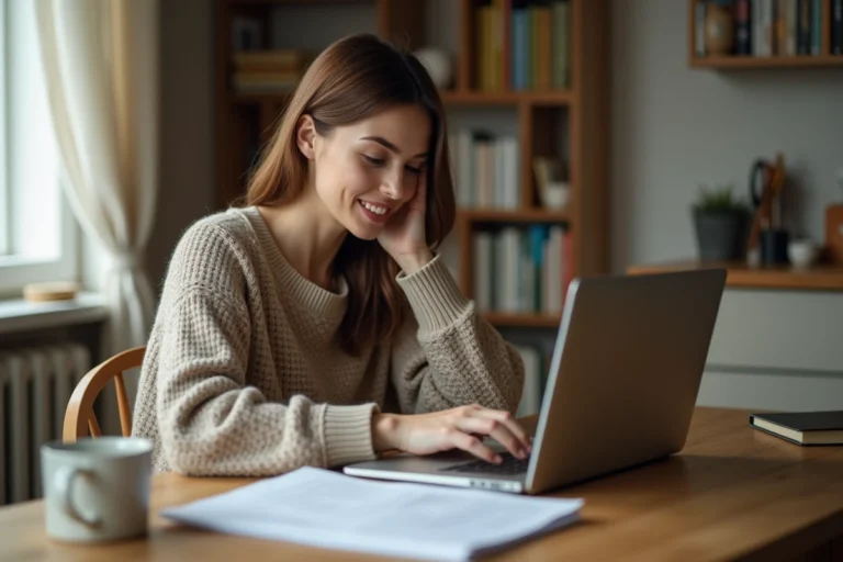 Femme consultant un forum d'entraide sur son ordinateur portable pour comprendre son avis favorable de commission d'attribution logement