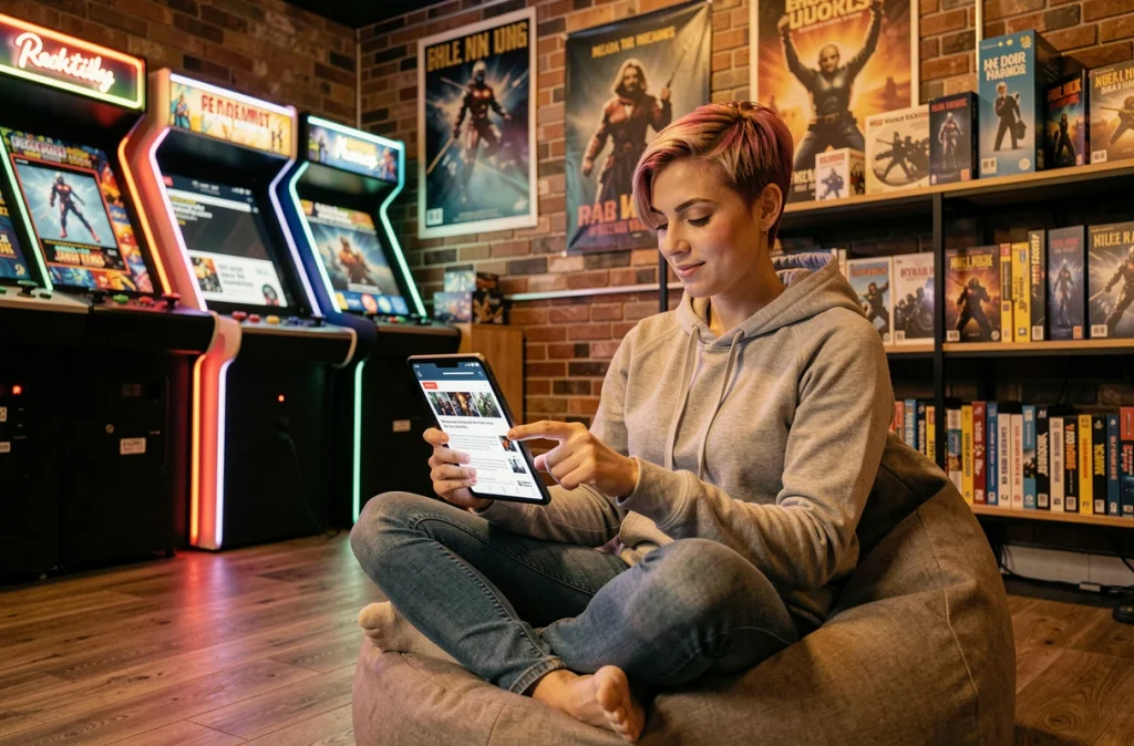 Jeune femme geek consultant un site d'actualités pop culture sur une tablette dans un salon de jeux vidéo coloré avec machines d'arcade