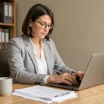 Femme concentrée qui gère ses finances personnelles sur un ordinateur portable dans un bureau à domicile