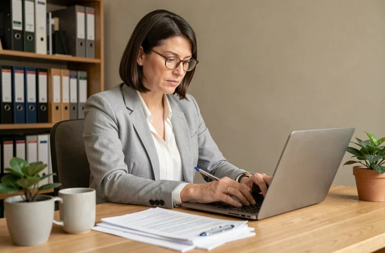 Femme concentrée qui gère ses finances personnelles sur un ordinateur portable dans un bureau à domicile