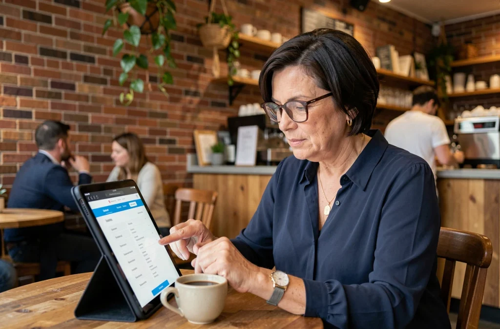 Femme utilisant un plan de site web sur une tablette dans un café parisien