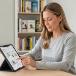 Femme utilisant une plateforme digitale de santé et bien-être sur une tablette depuis son bureau à domicile