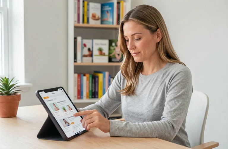 Femme utilisant une plateforme digitale de santé et bien-être sur une tablette depuis son bureau à domicile