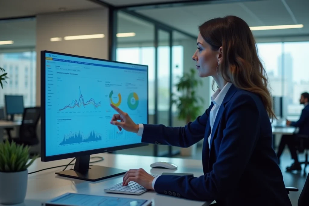 Femme professionnelle utilisant un logiciel CRM sur écran tactile pour booster les ventes B2B en entreprise