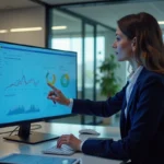 Femme professionnelle utilisant un logiciel CRM sur écran tactile pour booster les ventes B2B en entreprise
