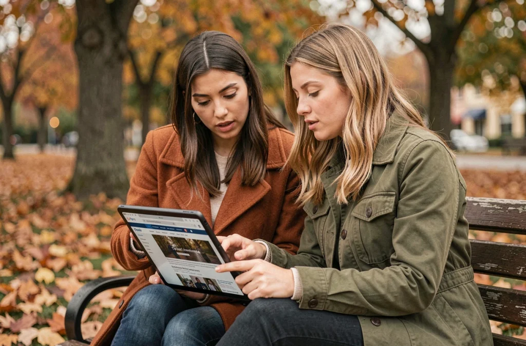 Deux femmes partageant les dernières actualités et tendances sur une tablette dans un parc en automne