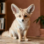 Fennec aux grandes oreilles posé sur une table en bois dans un appartement français, regardant l'objectif avec curiosité