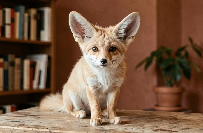 Fennec aux grandes oreilles posé sur une table en bois dans un appartement français, regardant l'objectif avec curiosité