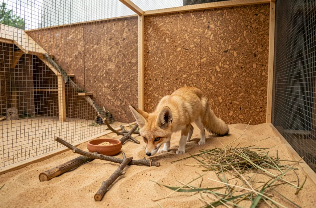 Fennec explorant un terrarium aménagé avec des éléments naturels dans une pièce dédiée à son habitat