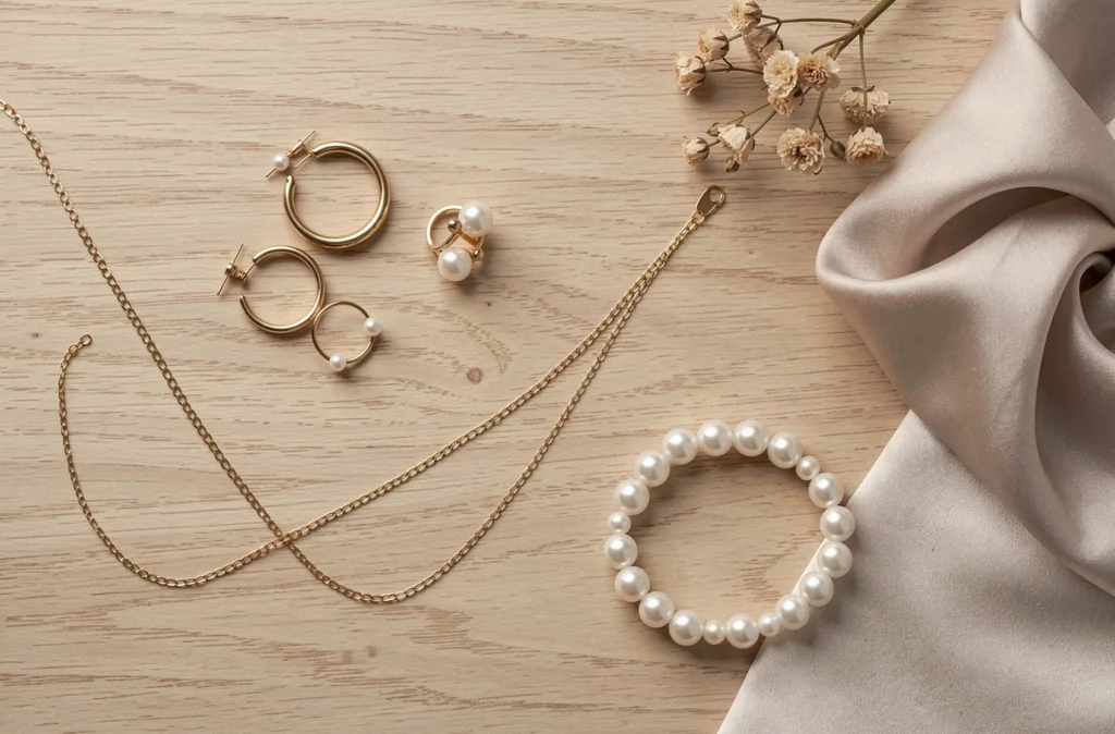 Flat lay de bijoux tendance Etam saison actuelle : boucles d'oreilles créoles, bague perle et bracelet sur bois clair