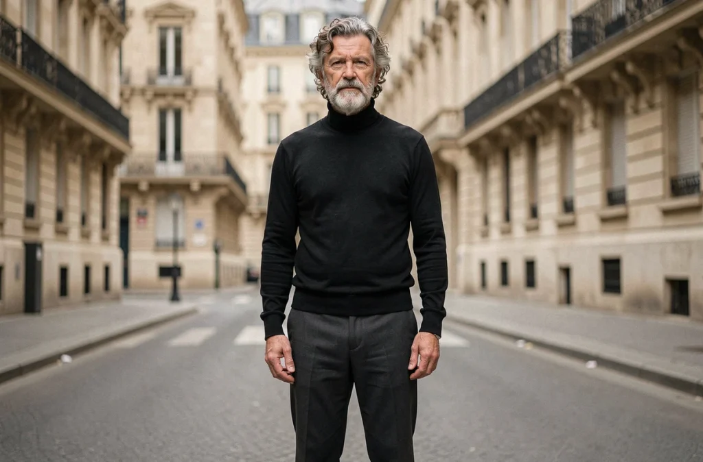 Portrait en pied de Florent Pagny dans un décor parisien illustrant sa silhouette grande