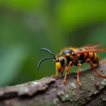 Gros plan hyperréaliste d'un frelon géant asiatique sur une écorce d'arbre, montrant les détails de son exosquelette ambré et brun foncé