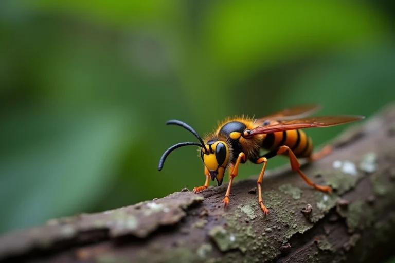 Gros plan hyperréaliste d'un frelon géant asiatique sur une écorce d'arbre, montrant les détails de son exosquelette ambré et brun foncé