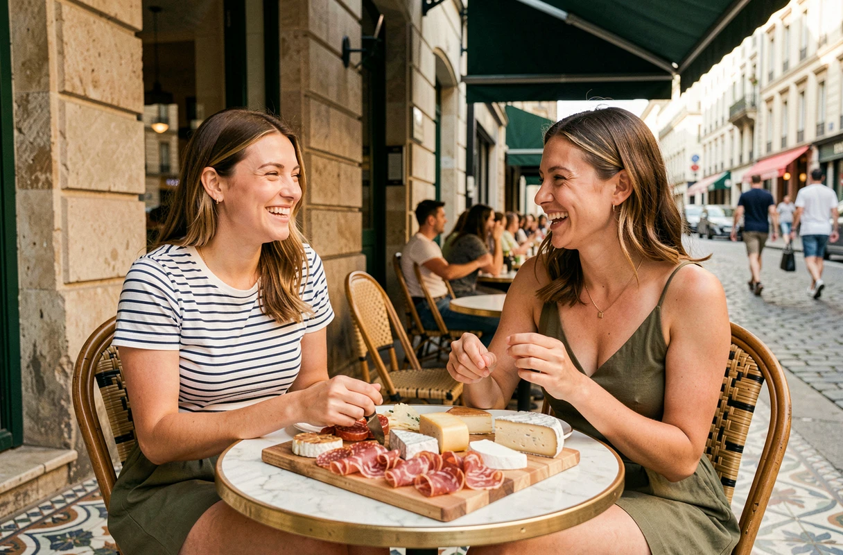 Deux amies dégustant une planche de charcuterie lyonnaise en terrasse lors d'un voyage en France