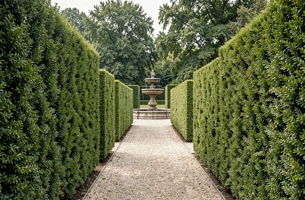 Allée entre des haies de if taillées en mur géométrique dans un jardin à la française avec fontaine en pierre