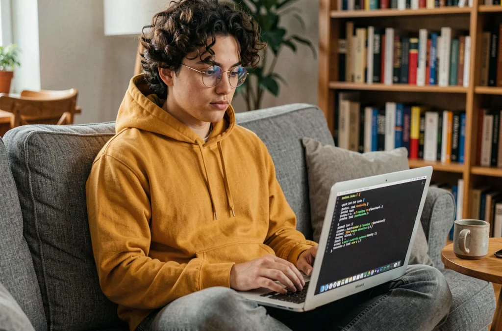Jeune personne consultant l'historique d'impression via le terminal macOS sur un canapé