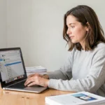 Femme consultant l'historique des impressions sur MacBook Pro dans un bureau à domicile