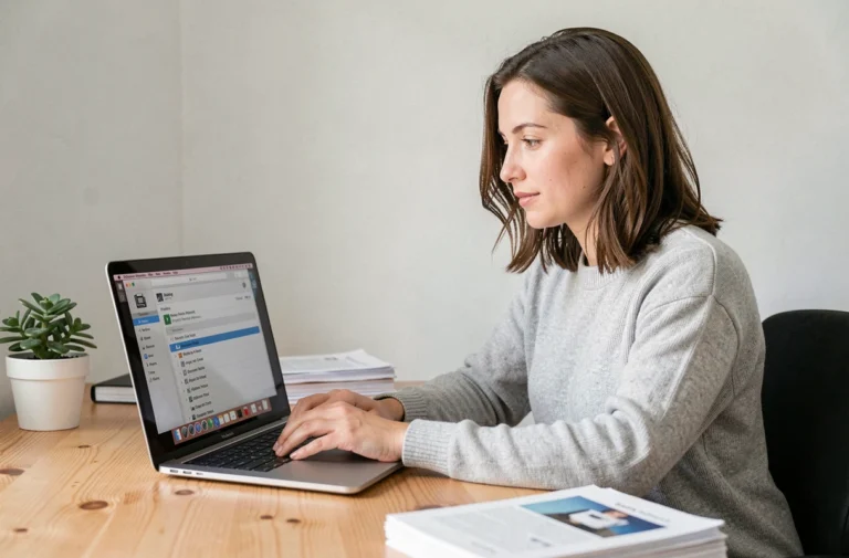 Femme consultant l'historique des impressions sur MacBook Pro dans un bureau à domicile