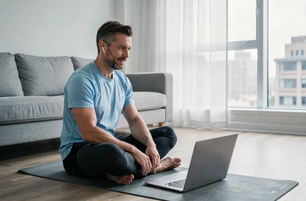 Homme suivant une séance de coaching bien-être en ligne sur un ordinateur portable dans son salon