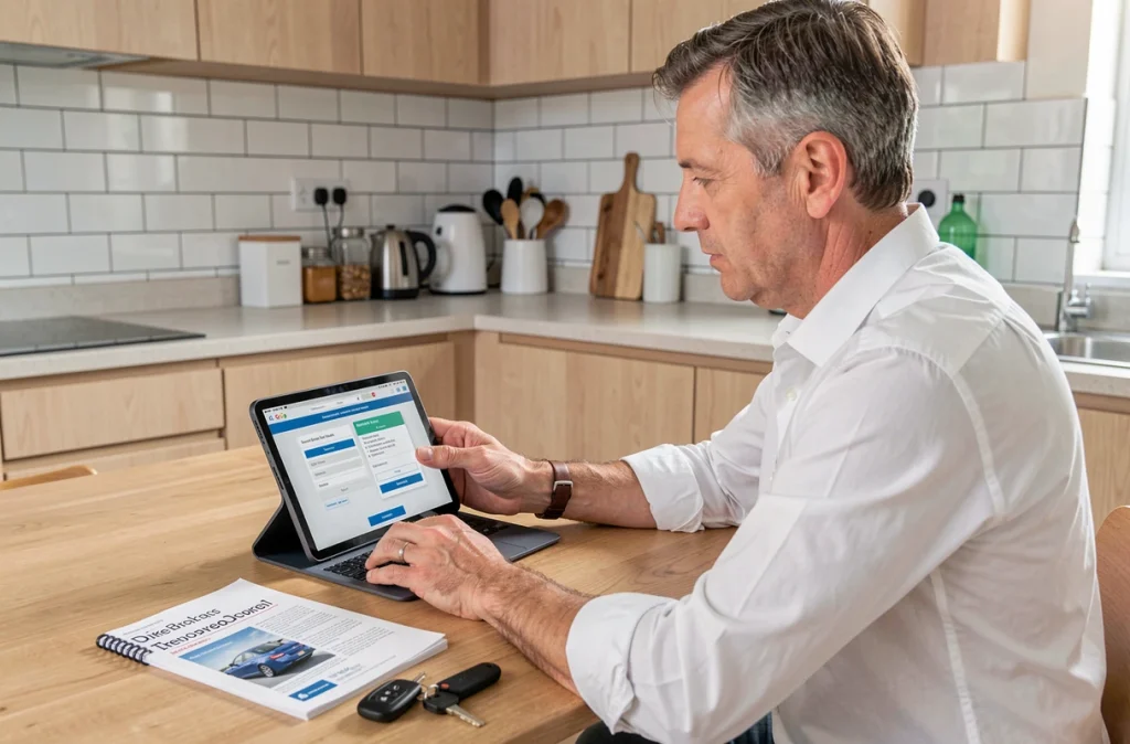 Homme adulte consultant les résultats du code de la route sur une tablette dans une cuisine moderne avec des clés de voiture posées sur la table