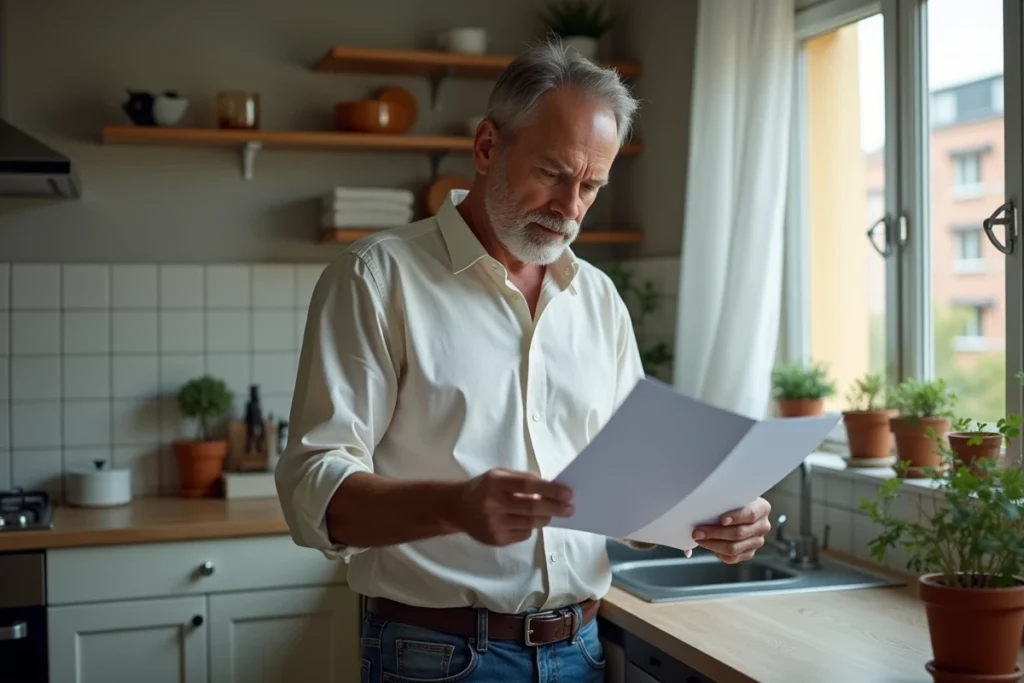 Homme lisant un avis favorable de commission d'attribution logement dans son appartement