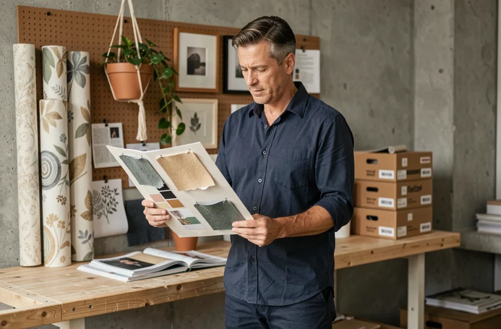 Homme tenant un tableau d'inspiration pour la décoration intérieure dans un espace de travail créatif