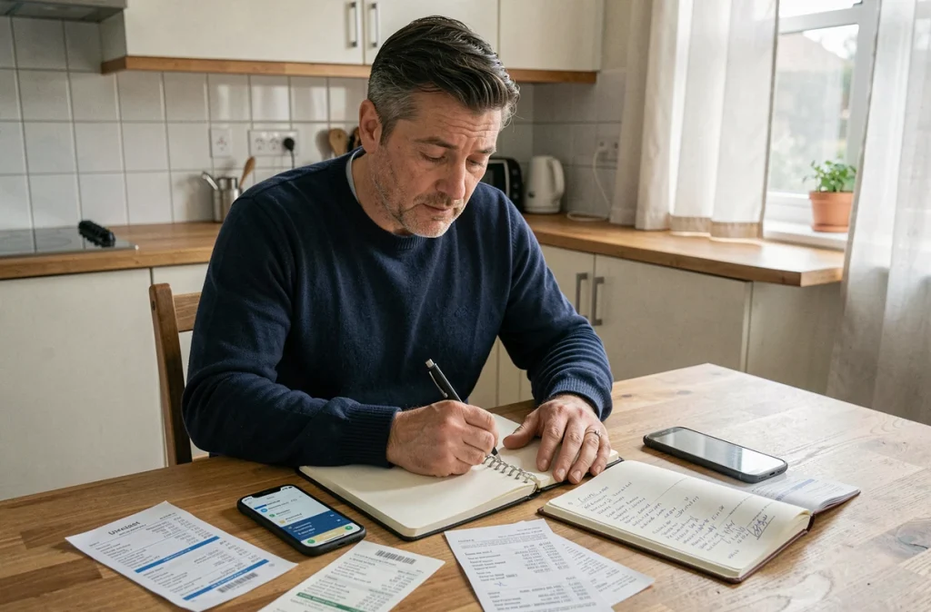 Homme qui planifie son budget mensuel avec des reçus et une application de finances sur smartphone dans une cuisine