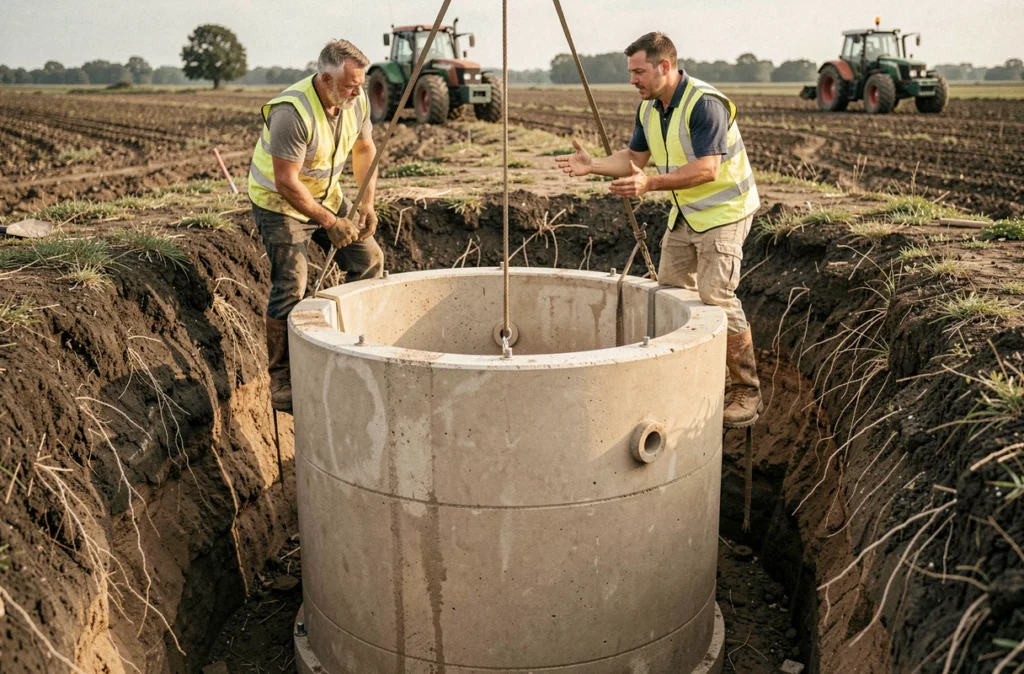 Installation d'une cuve enterrée de récupération d'eau de pluie sur un terrain agricole avec des ouvriers