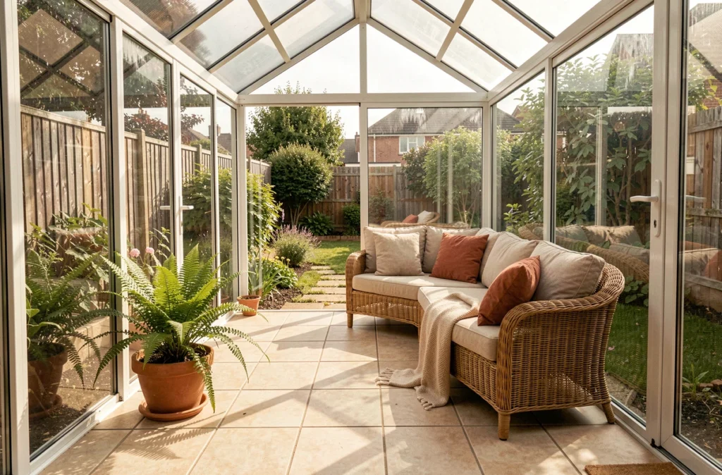 Intérieur d'une véranda en kit autoportante avec canapé en rotin et vue sur le jardin à travers des parois en polycarbonate transparent