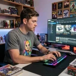 Jeune homme geek lisant des actualités high-tech sur un grand écran ultrawide entouré de figurines et de mangas dans un bureau geek décoré