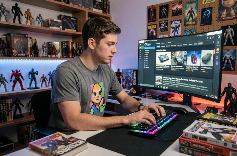 Jeune homme geek lisant des actualités high-tech sur un grand écran ultrawide entouré de figurines et de mangas dans un bureau geek décoré