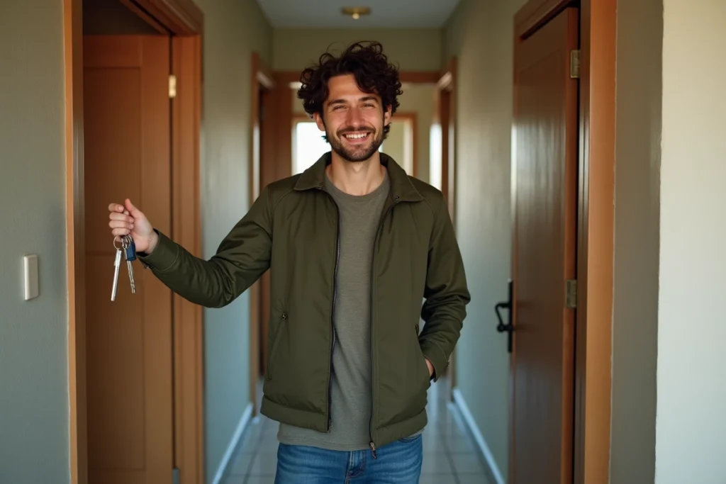 Jeune locataire tenant les clés de son appartement loué en bail de 3 mois renouvelable devant la porte d'entrée