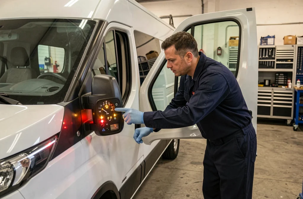 Mécanicien professionnel examinant les témoins lumineux allumés sur le tableau de bord d'un Iveco Daily dans un garage automobile