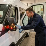 Mécanicien professionnel examinant les témoins lumineux allumés sur le tableau de bord d'un Iveco Daily dans un garage automobile