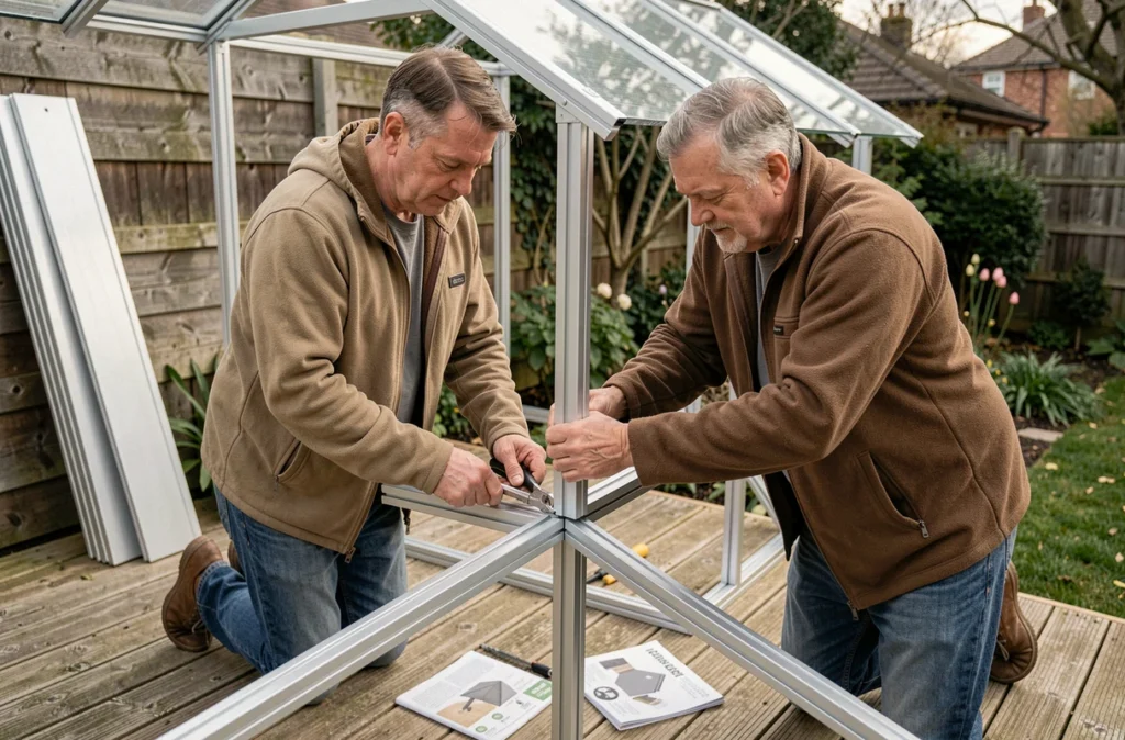 Couple assemblant une véranda en kit soi-même dans le jardin avec profilés aluminium et panneaux polycarbonate sur une terrasse en bois