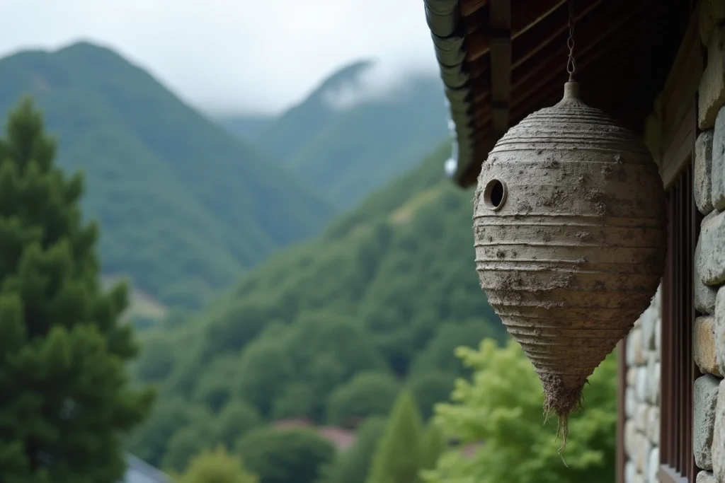 Nid de frelons géants accroché sous le toit d'une ferme en pierre dans un village de montagne japonais entouré de forêt