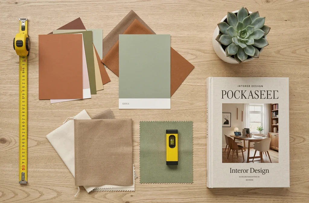 Vue à plat des outils et accessoires indispensables pour décorer sa maison avec style