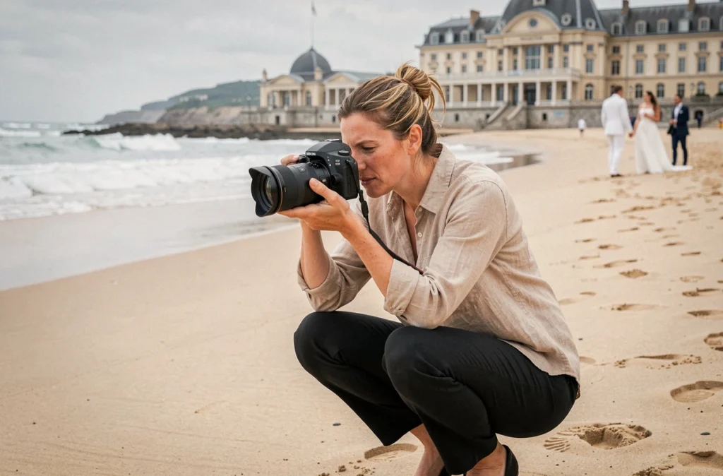 Photographe de mariage professionnelle en action sur la plage de la Grande Plage à Biarritz