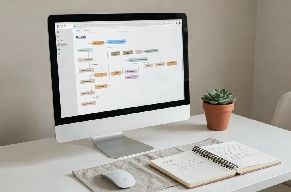 Plan de site web affiché sur un écran d'ordinateur dans un espace de travail minimaliste