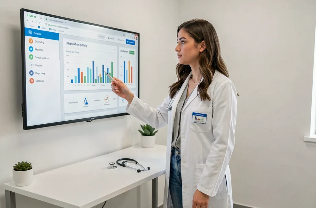 Professionnelle de santé consultant un tableau de bord médical numérique dans un cabinet de télémédecine moderne