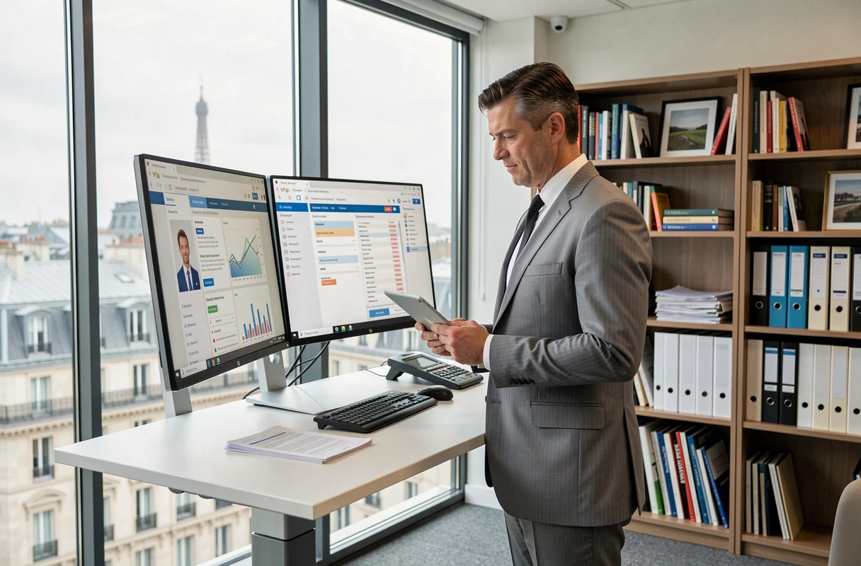 Responsable RH masculin gérant les dossiers collaborateurs sur le portail Alis BNP Paribas depuis son bureau vitré en entreprise