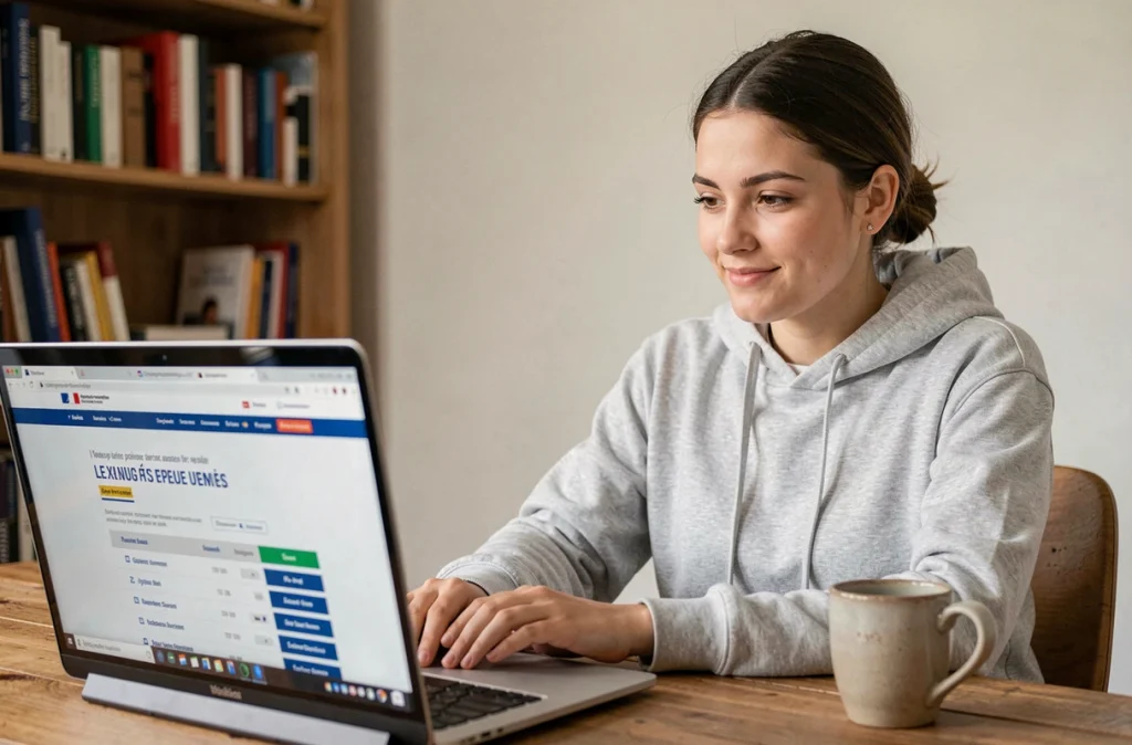 Jeune femme consultant son résultat au code de la route en ligne sur un ordinateur portable dans un bureau à domicile