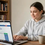 Jeune femme consultant son résultat au code de la route en ligne sur un ordinateur portable dans un bureau à domicile