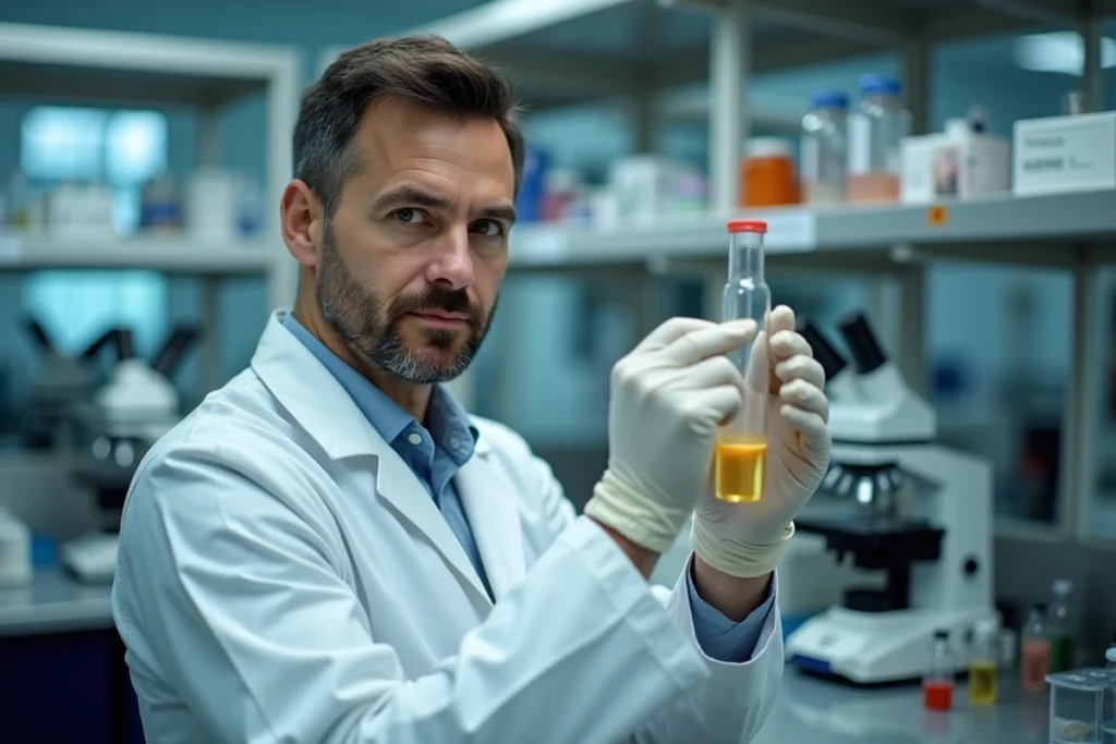 Scientifique en blouse blanche tenant un flacon de venin de frelon géant dans un laboratoire de recherche médical