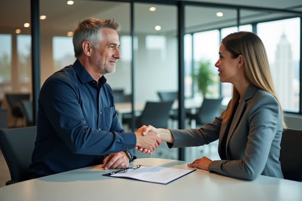 Agent immobilier et locataire signant un contrat de bail renouvelable de courte durée dans une agence moderne