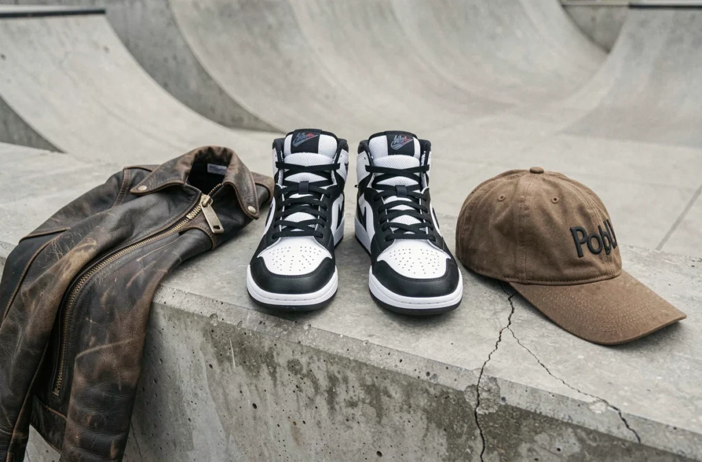 Paire de sneakers montantes noir et blanc posée sur un banc en béton dans un skatepark urbain minimaliste, style éditorial mode 2024
