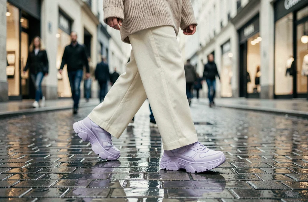 Femme portant des sneakers plateforme lavande sur pavés mouillés dans une rue européenne moderne, look urbain tendance 2024