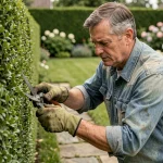 Jardinier expérimenté taillant une haie de buis avec des cisailles manuelles dans un jardin soigné